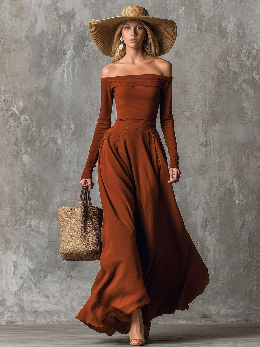 Fashion Retro Orange Off-The-Shoulder Maxi Dress