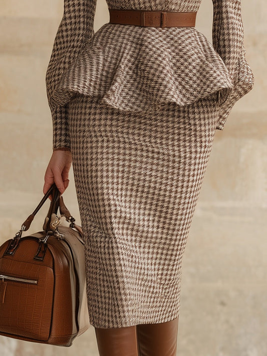 Retro And Fashionable Brown Houndstooth Top And Skirt Set