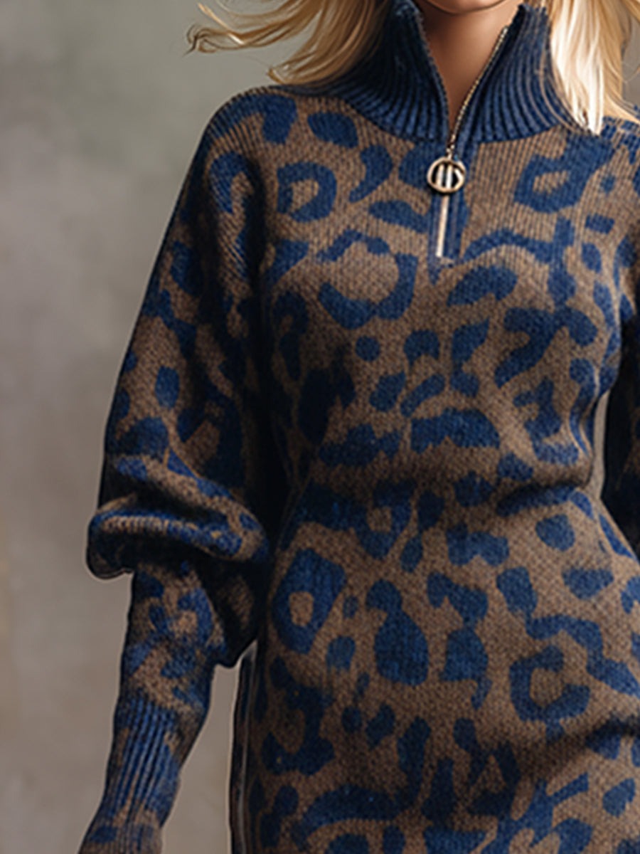 Retro Loose Blue And Brown Leopard Print Knitted Maxi Dress