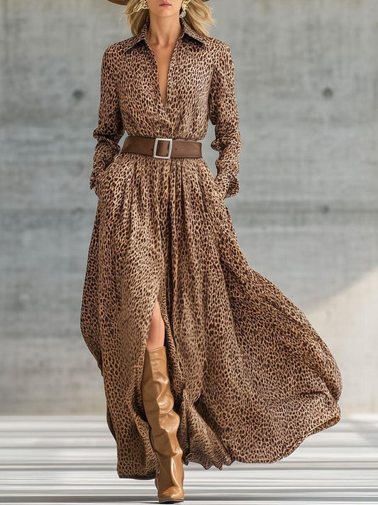 Wild Leopard Print Shirt Maxi Dress With High Slit