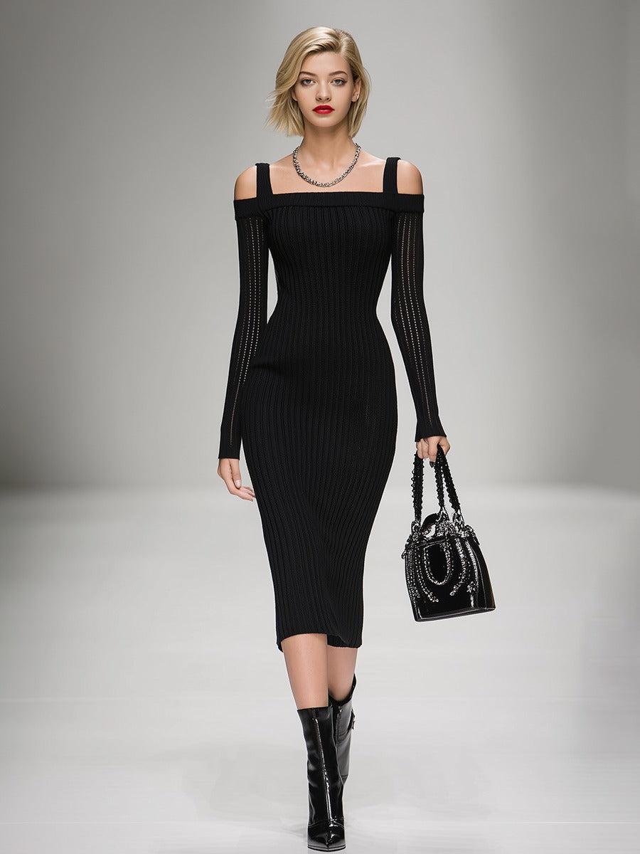 Elegant Knit Ribbed Long Sleeve Midi Dress