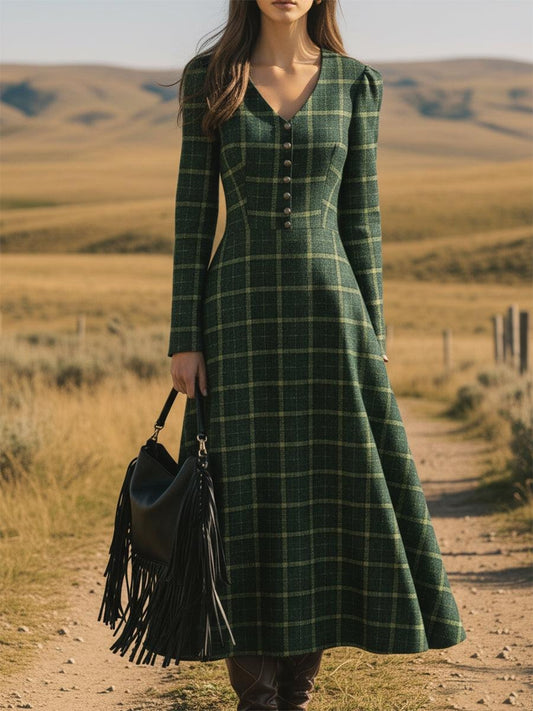 Fresh Green Plaid Long Sleeve V-Neck Midi Dress
