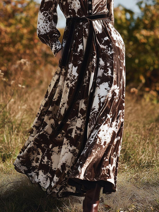 Coffee Long Sleeve Tie Dye Velvet Maxi Dress With Belted Waist