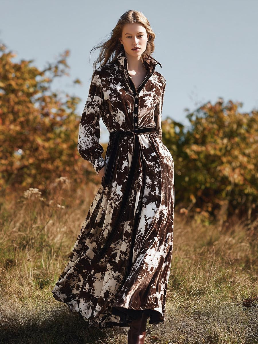Coffee Long Sleeve Tie Dye Velvet Maxi Dress With Belted Waist