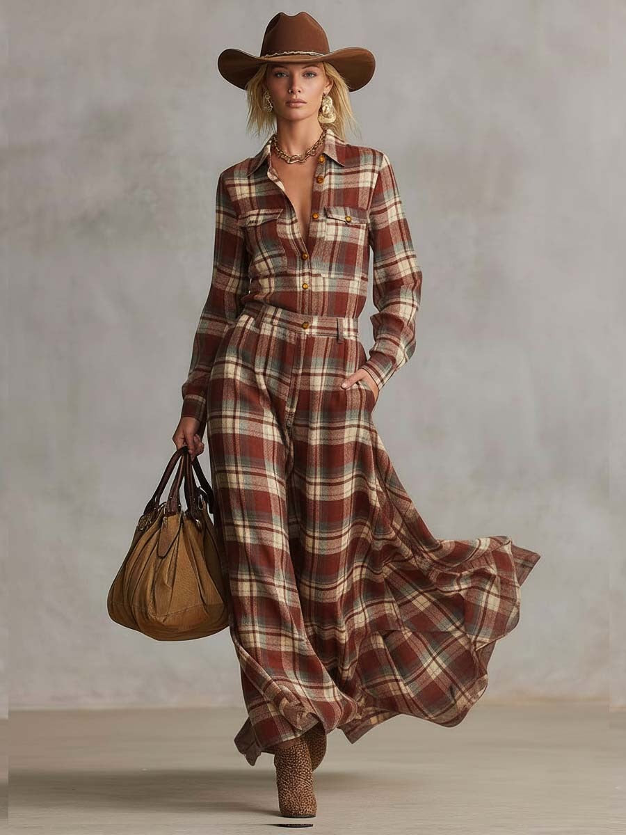 Red Check Long Sleeve Shirt Maxi Dress