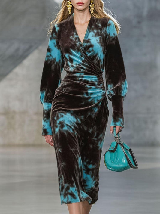 Groovy Blue Velvet Long Sleeve Midi Dress