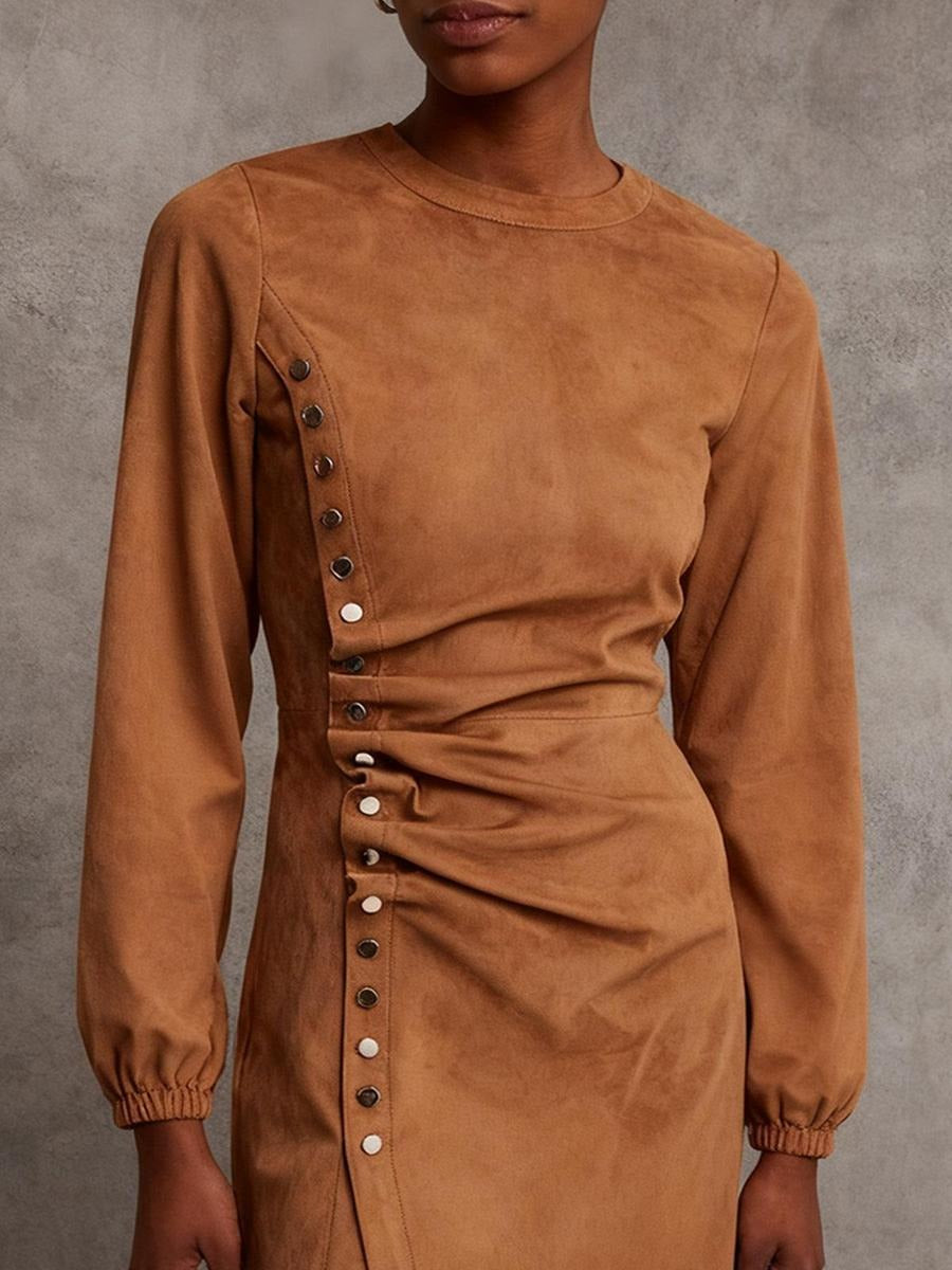 Retro Plain Suede Mini Dress With Side Button Detail