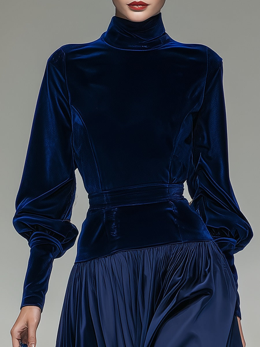 Elegant Retro Stand Collar Long Sleeve Velvet Satin Patchwork Dress