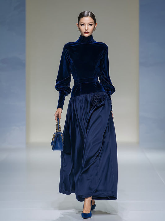 Elegant Retro Stand Collar Long Sleeve Velvet Satin Patchwork Dress