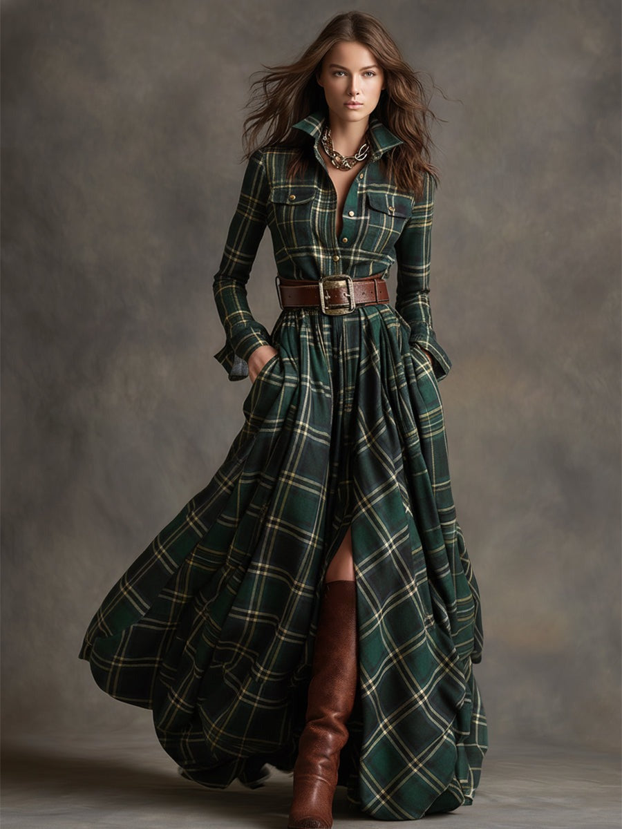 Retro Ethnic Style Lapel Green Plaid Maxi Dress