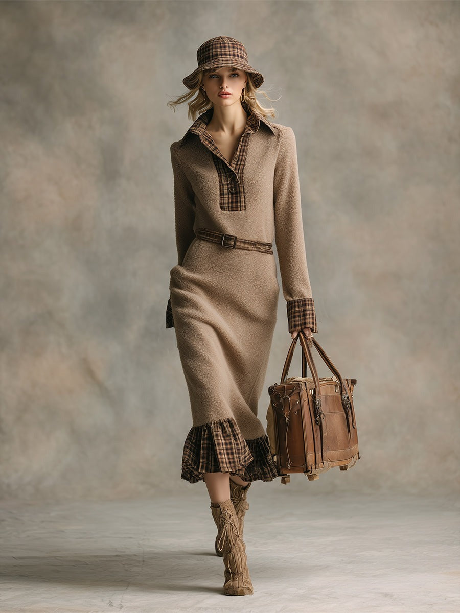Elegant Vintage Plaid Trim Khaki Warm Polar Fleece Midi Dress