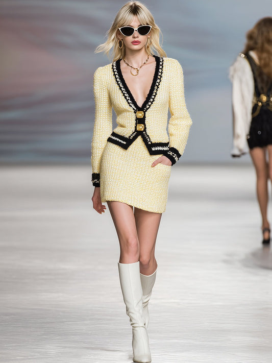 Elegant And Fashionable Black Trim Light Yellow V-neck Cardigan Skirt Knitted Set