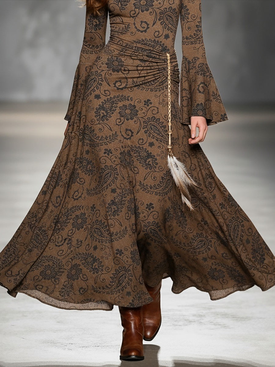 Vintage Western-inspired Paisley Print Faux Suede Maxi Dress
