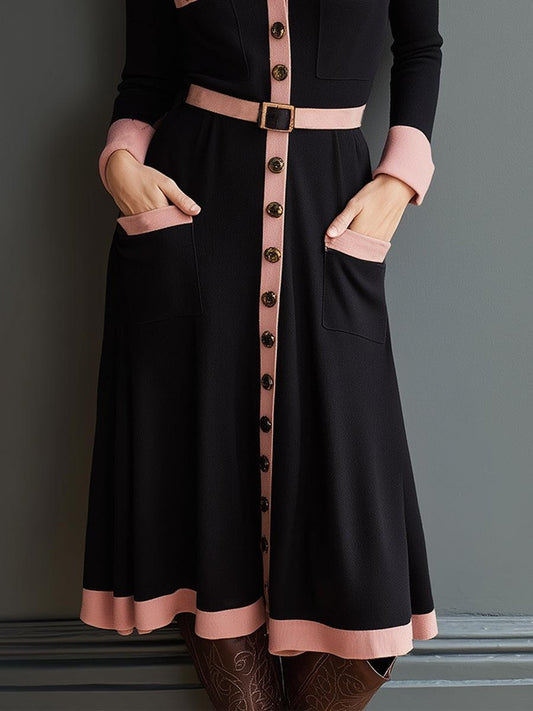 Black Button Down Midi Sweater Dress With Side Pockets