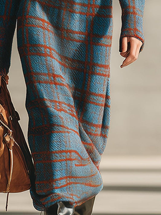 Blue Check Long Sleeve Button Down Midi Dress