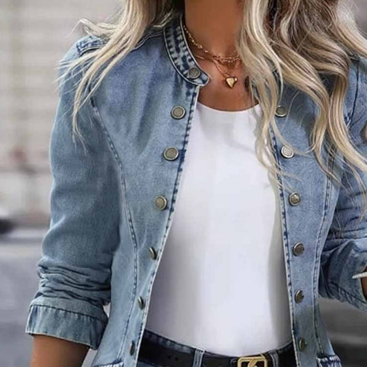 Stylish Collarless Plain Blue Denim Outerwear