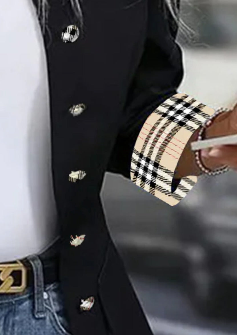 Black Collarless Plaid Print Long Sleeve Outerwear