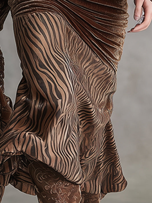 Elegant And Exquisite Brown Chenille Patchwork Tiger Print Midi Dress