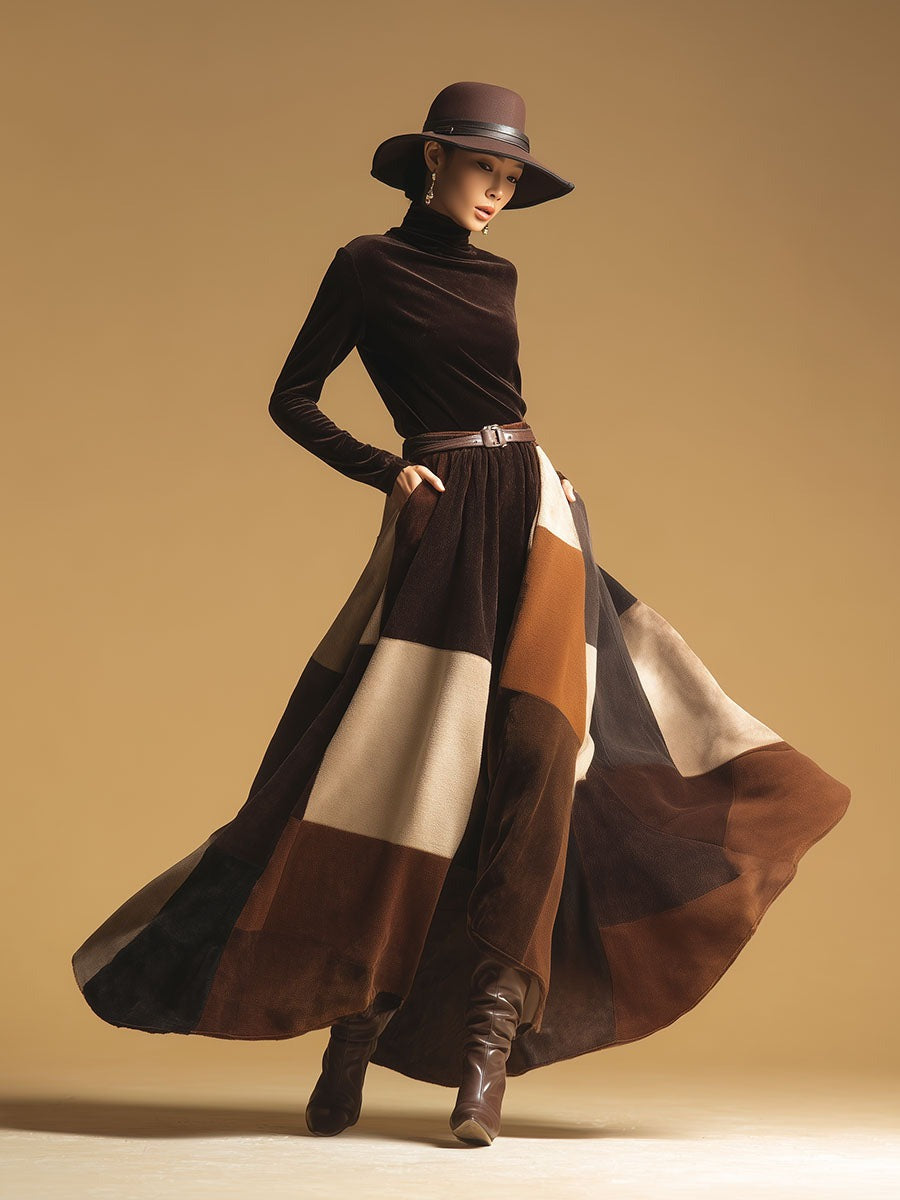 Retro Fashion High Neck Velvet Print Maxi Dress