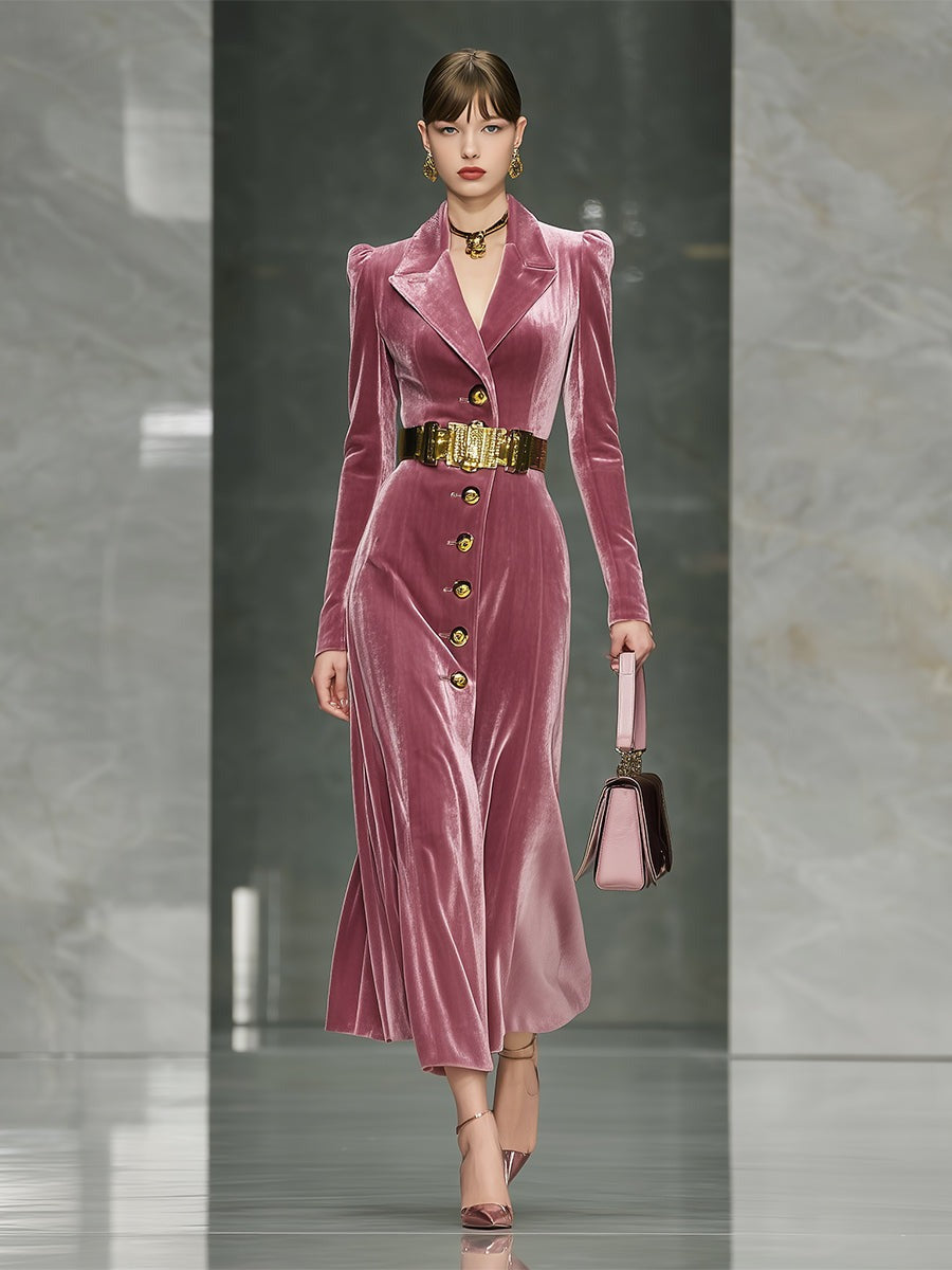 Elegant Pink Velvet Button-fastening Maxi Dress