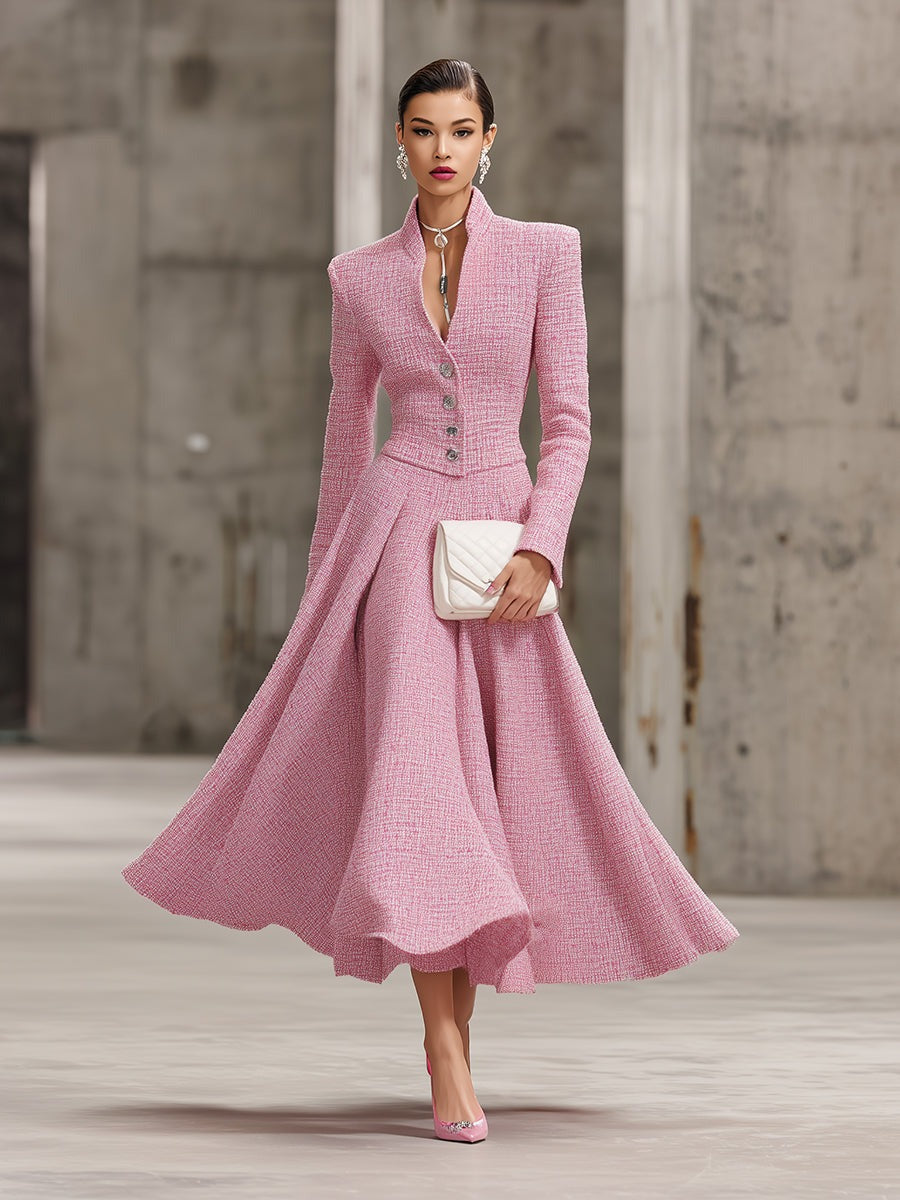 Elegant Pink Tweed Stand-up Collar Button-down With A Large Hem Maxi Dress