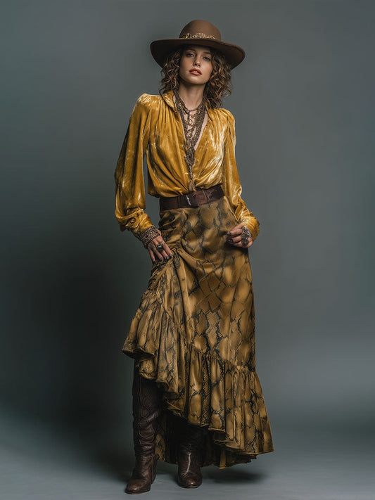 Vintage Pleated Velvet Shirt Snake Print Ruffled Skirt Set