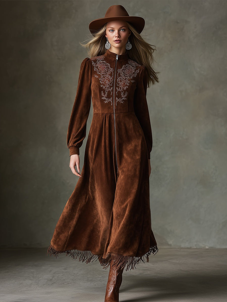 Exquisite Vintage Embroidery Front Zipper Brown Faux Suede Maxi Dress