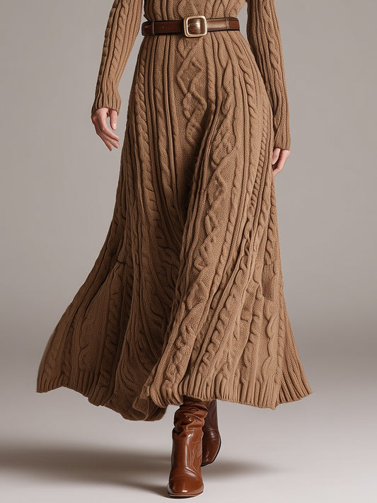 Vintage Turtleneck Long Sleeve Cable Knit Maxi Dress