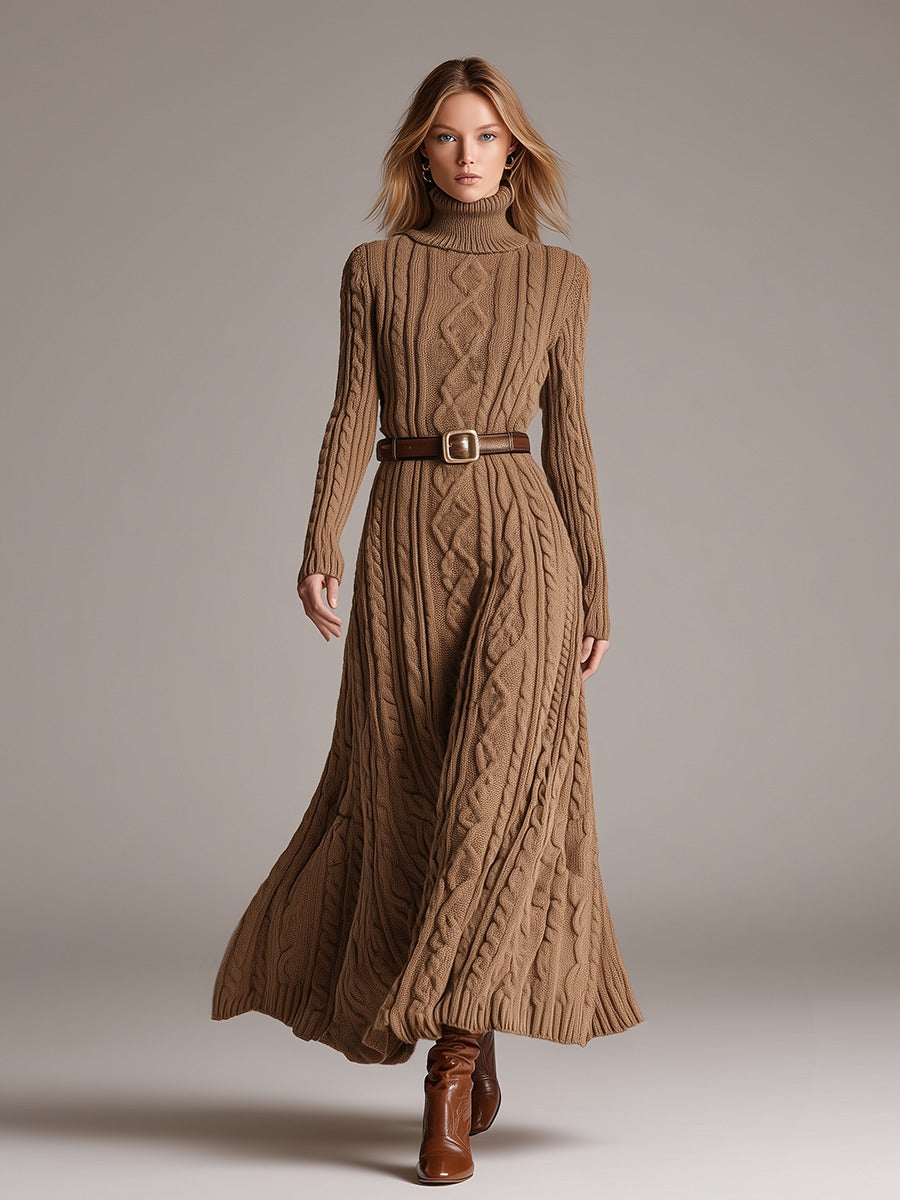 Vintage Turtleneck Long Sleeve Cable Knit Maxi Dress