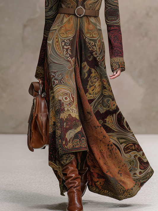 Elegant Western Style Retro Print Lapel Long Sleeve Maxi Dress