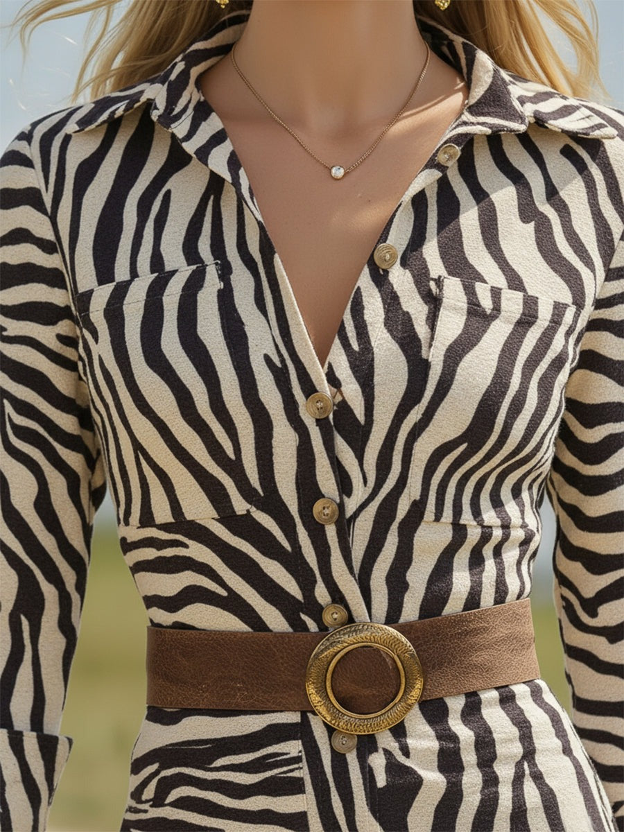 Retro Western Zebra Print Faux Suede Slit Midi Dress