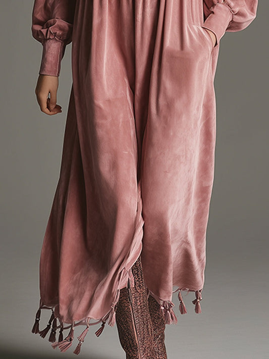 Retro Elegant Exquisite Embroidered Stand Collar Half Zip Pink Faux Suede Tassel Maxi Dress