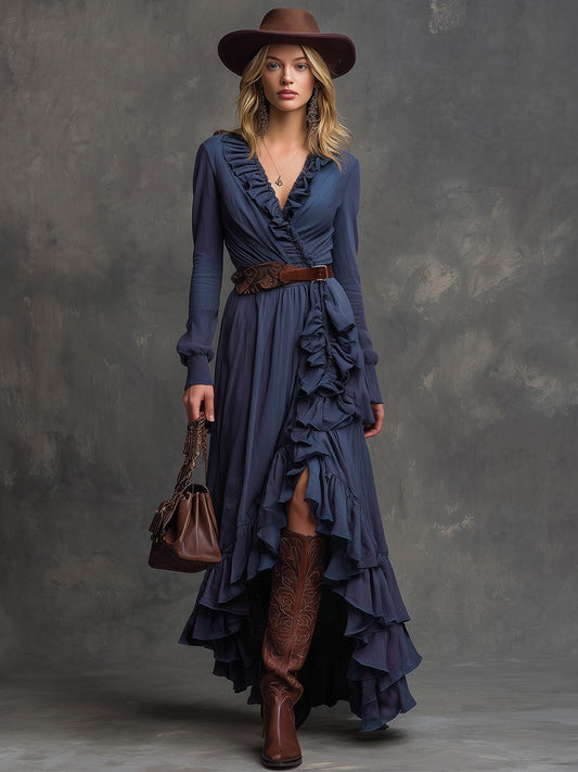Fashion Retro Blue Ruffled Long Skirt