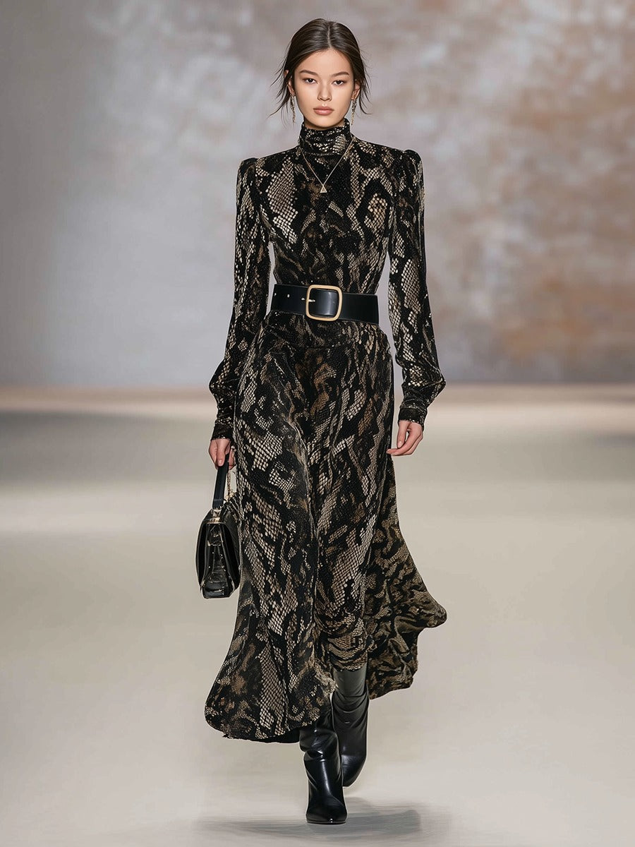 Fashionable And Sexy Snake Print Stand Collar Long Sleeve Velvet Maxi Dress