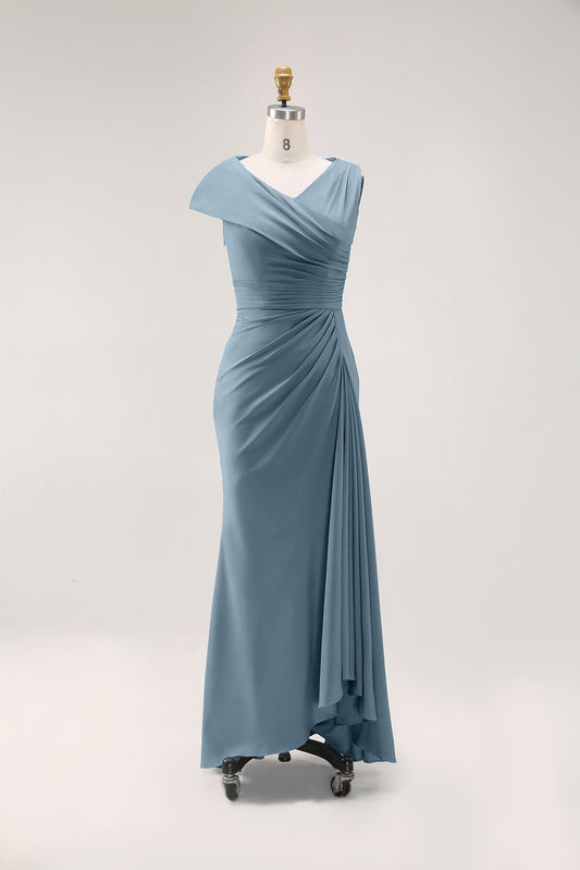 Blue Ruched V Neck Maxi Dress