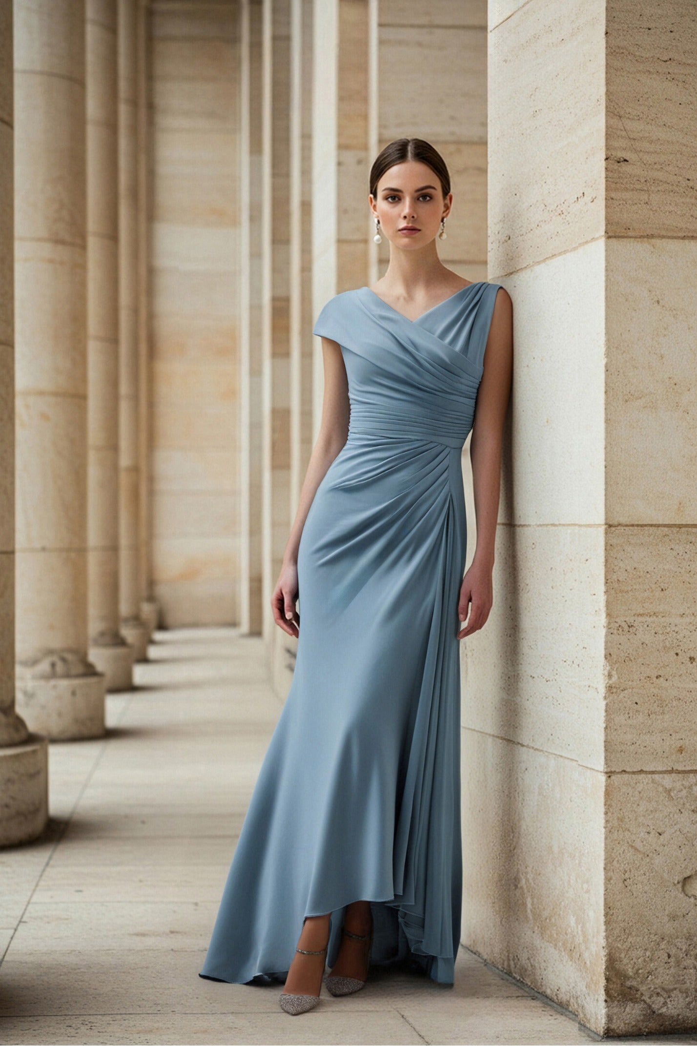 Blue Ruched V Neck Maxi Dress