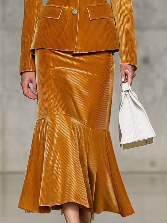 Stylish Corduroy Gold Jacket And Skirt Set