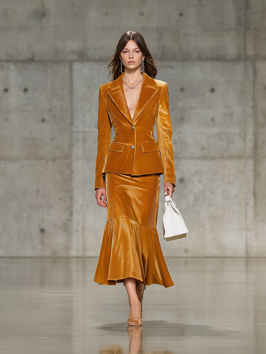Stylish Corduroy Gold Jacket And Skirt Set