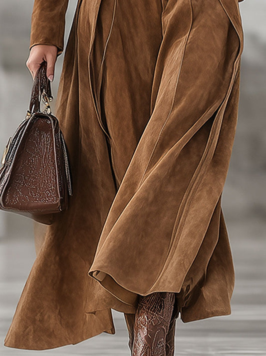 Vintage Caramel Brown Turtleneck Faux Suede Maxi Dress
