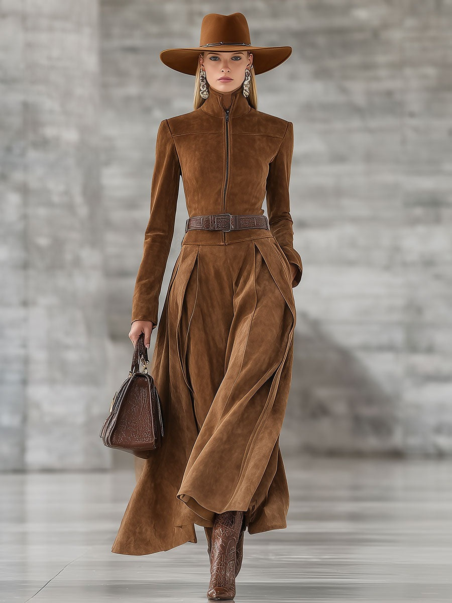 Vintage Caramel Brown Turtleneck Faux Suede Maxi Dress