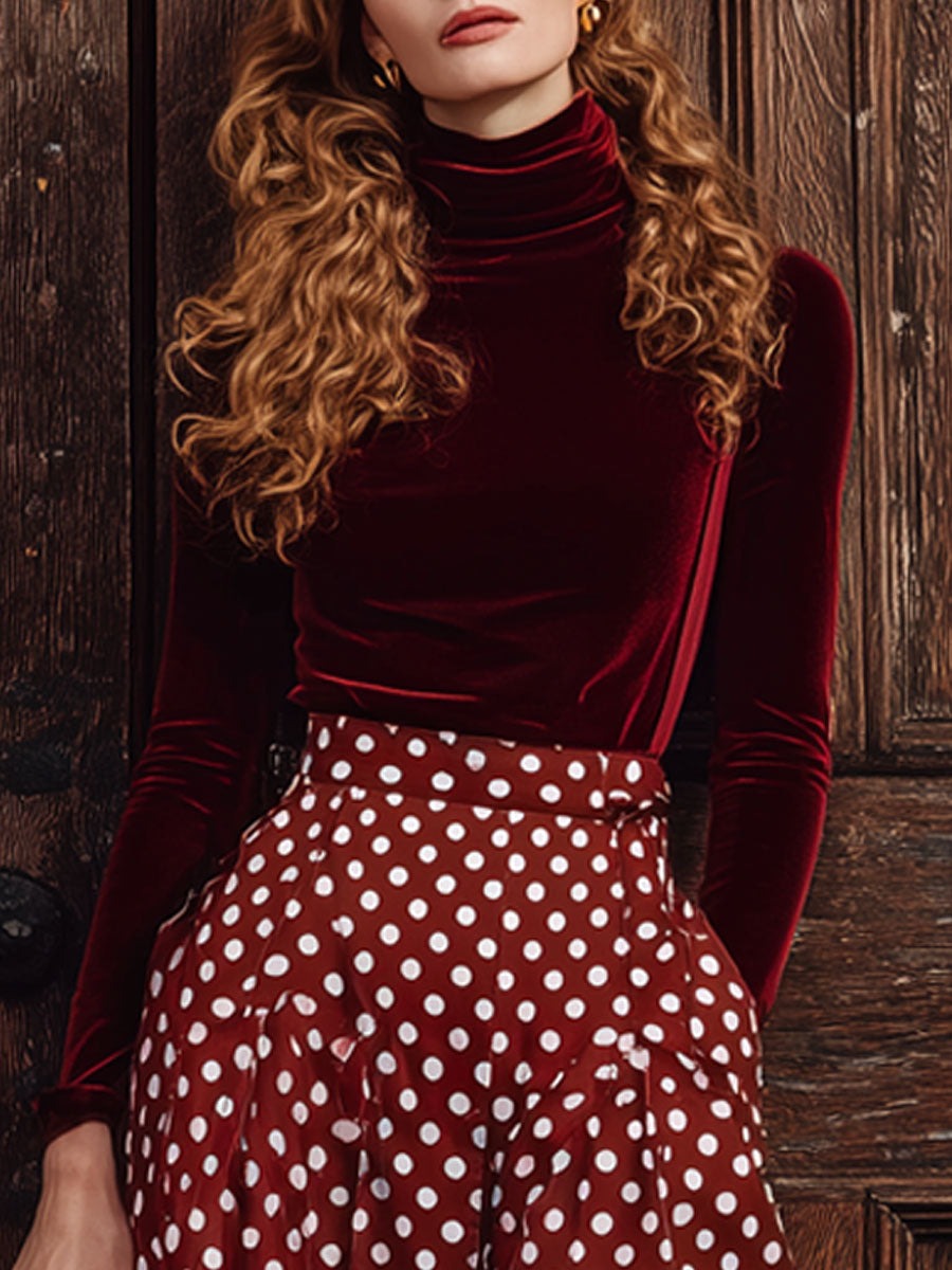 Vintage Burgundy Velvet Turtleneck Long-Sleeved T-Shirt Polka Dot Pocket Skirt Set