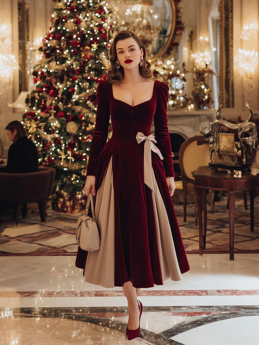 Elegant Red Velvet Stitching Gold Square Neck Bow Maxi Dress