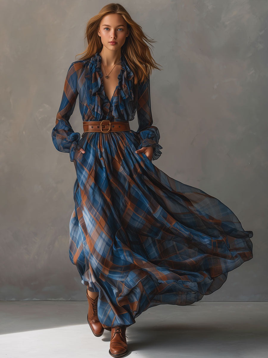 Fashion Retro V-neck Ruffled Blue And Brown Plaid Chiffon Maxi Dress