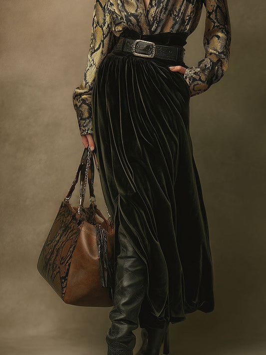 Retro Western Style Snake Print Satin Shirt Green Velvet Skirt Set