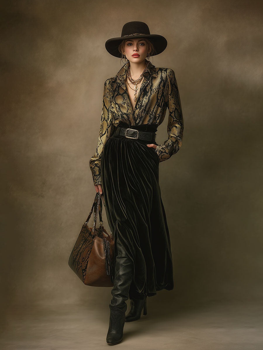 Retro Western Style Snake Print Satin Shirt Green Velvet Skirt Set