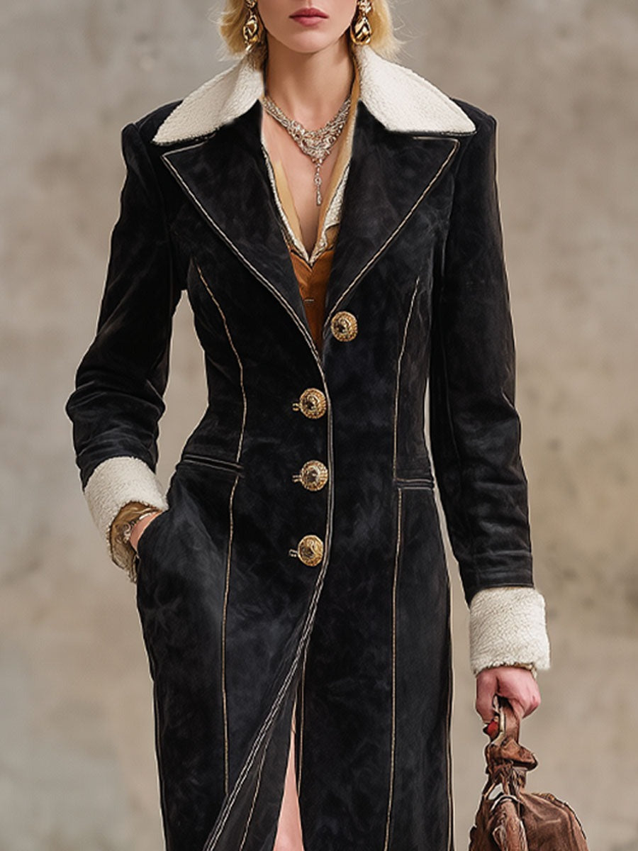 Western Style Sherpa Collar Single-breasted Faux Suede Coat