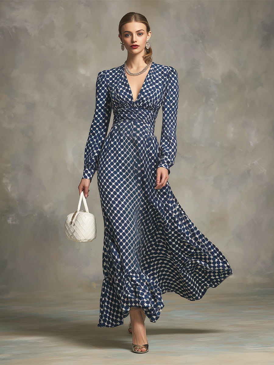 Return Blue Polka Dot Textured V-neck Thick Chiffon Maxi Dress