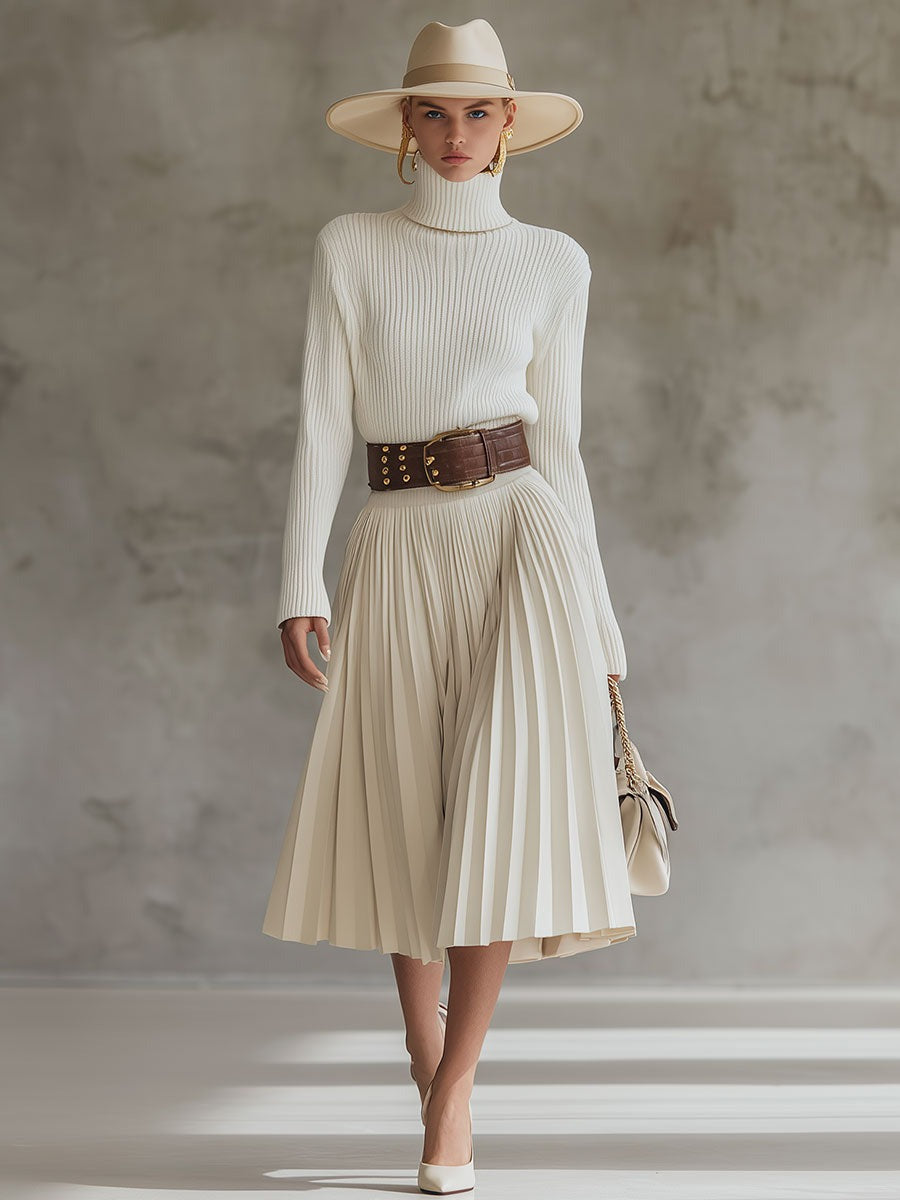 Casual And Comfortable Cream White Knitted Cotton Pleated Hem Midi Dress