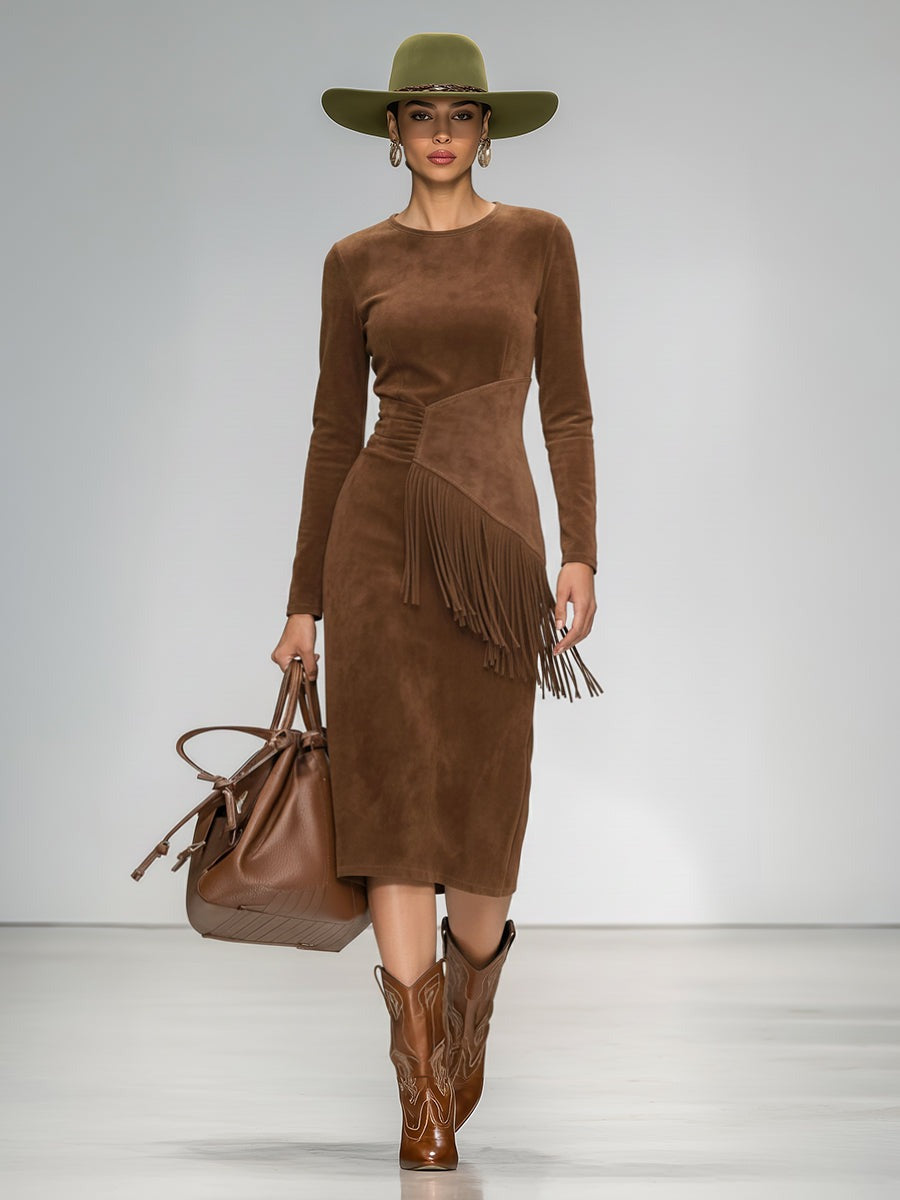 Vintage Round Neck Long Sleeve Tassel Faux Suede Dress