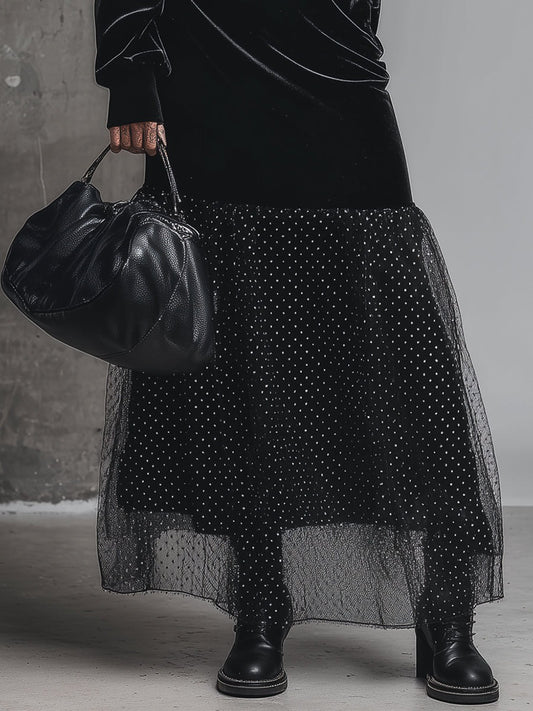 Elegant Loose Half-high Collar Polka Dot Mesh Hem Black Velvet Maxi Dress